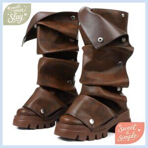 Slouchy Fold Over Boots Mid Calf Pull On Platform Heel Non Slip